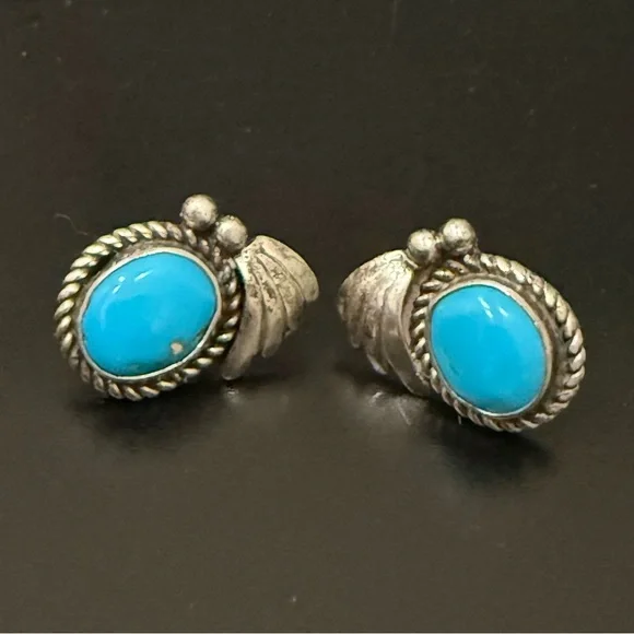 Vintage Signed D Native American Navajo Sterling Silver Turquoise Stud Earrings - Picture 2 of 14